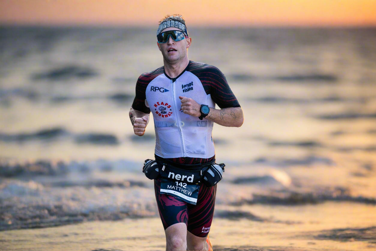 Custom Airaid triathlon suit with Matt Stanford Ironman Cairns